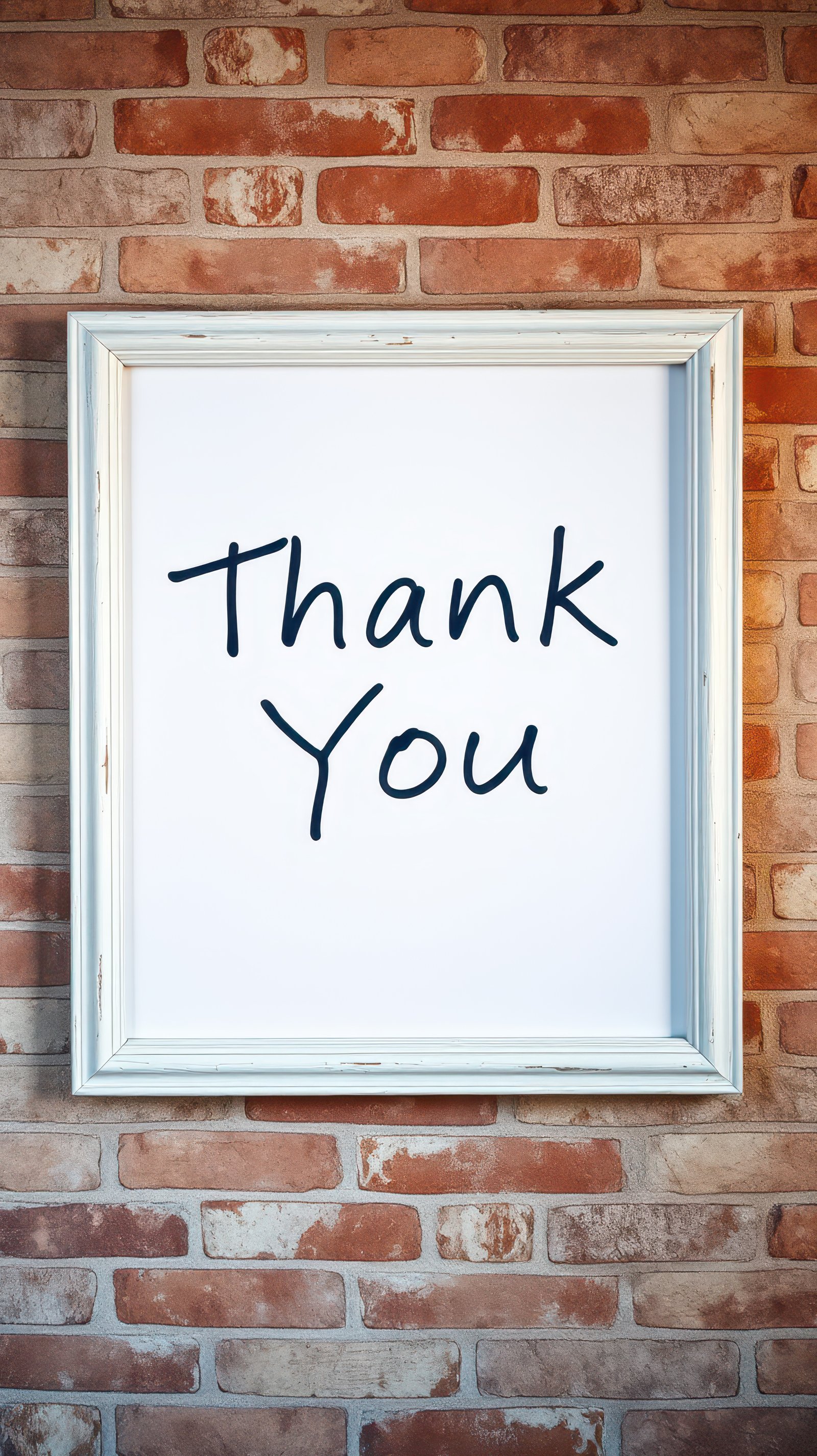 Thank you message displayed in a stylish frame on a brick wall, conveying appreciation and gratitude